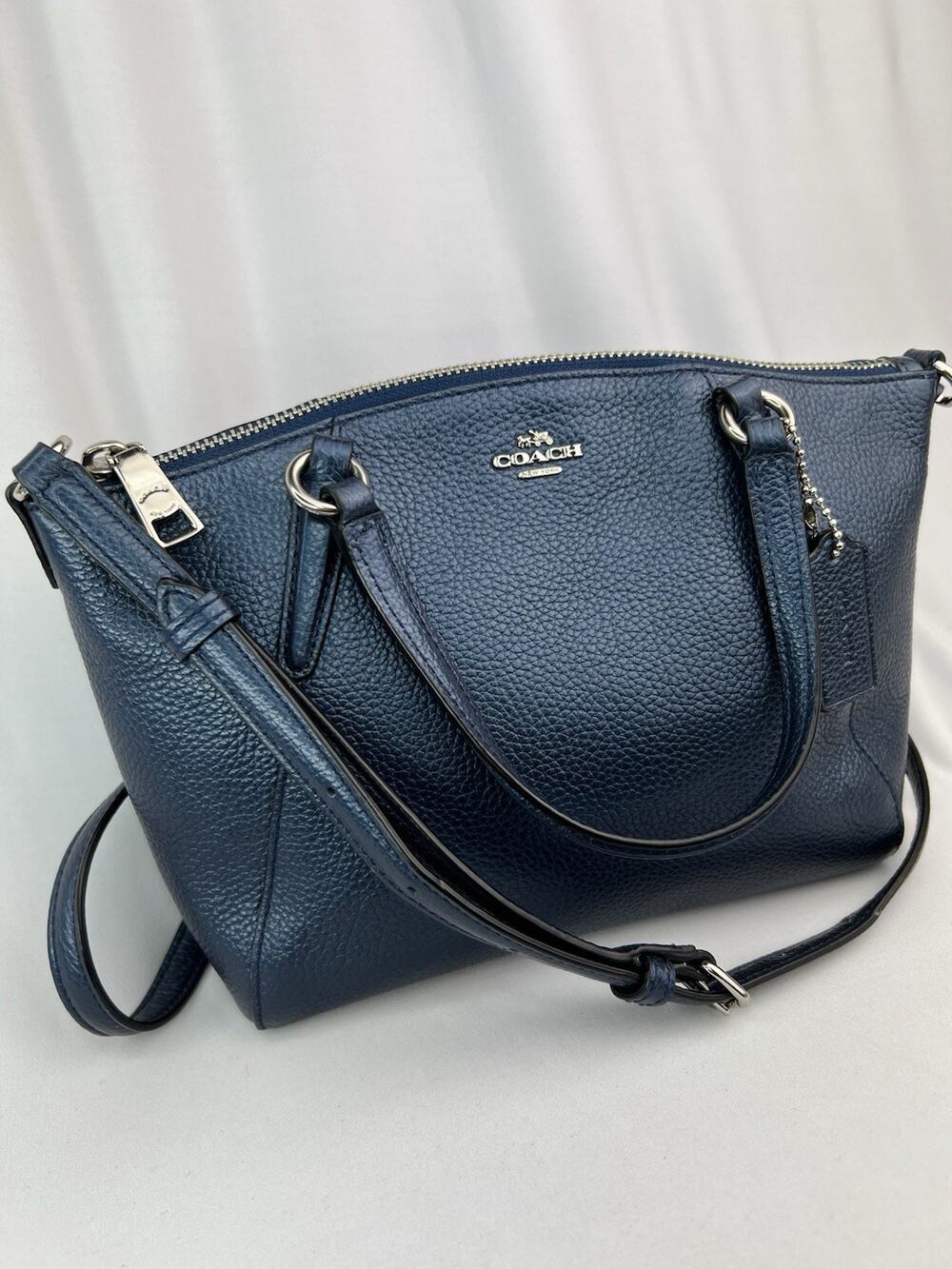 Coach Mini Kelsey Metallic Blue Leather Satchel Crossbody Handbag Bag